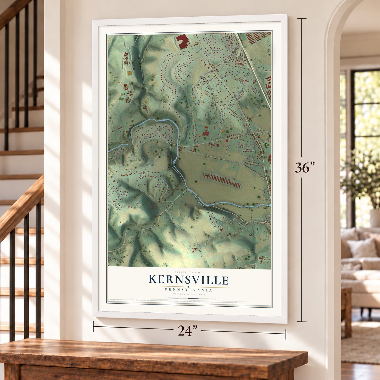 Kernsville, Pennsylvania map, 24 x 36 inch print in a white frame by a staircase