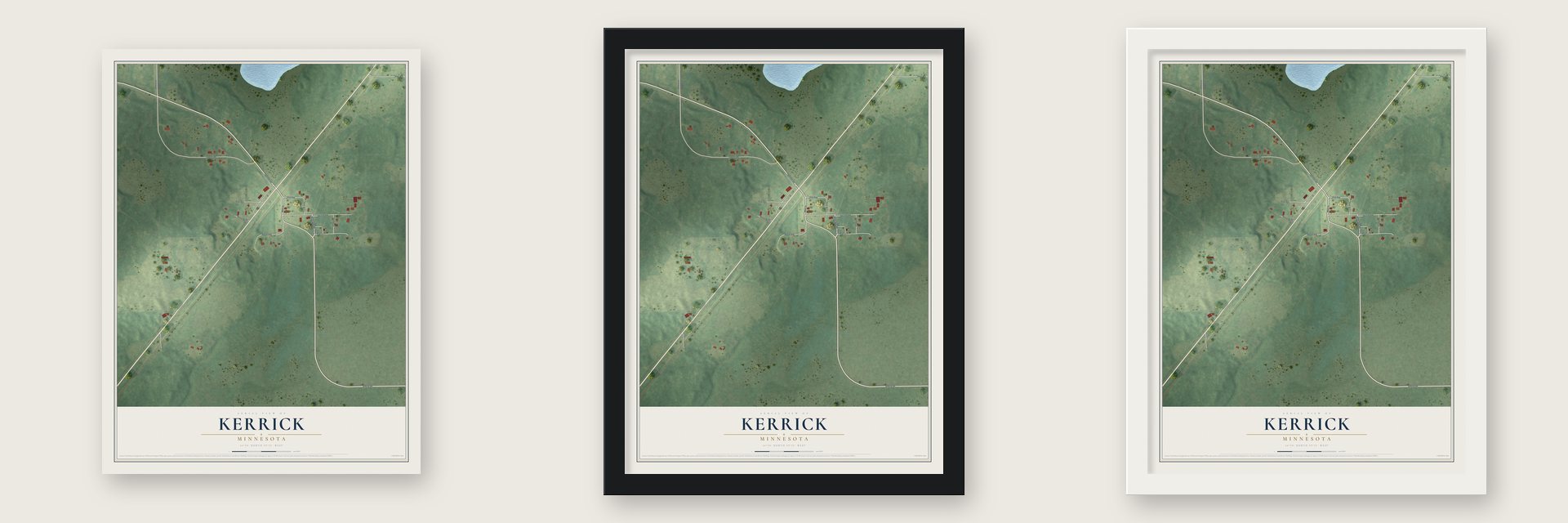 Kerrick, Minnesota map unframed, in a black wood frame and in a white wood frame