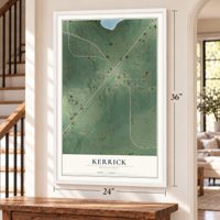 Kerrick, Minnesota map, 24 x 36 inch print in a white frame by a staircase