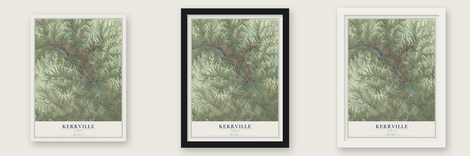 Kerrville, Texas map unframed, in a black wood frame and in a white wood frame