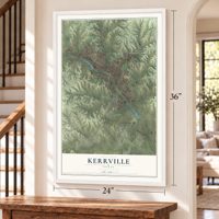 Kerrville, Texas map, 24 x 36 inch print in a white frame by a staircase