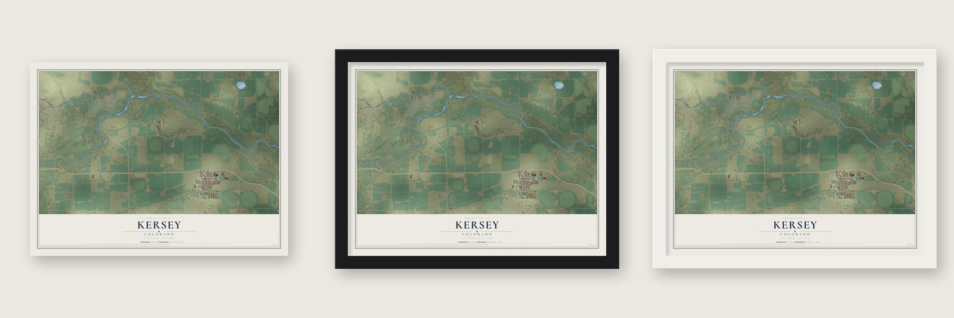 Kersey, Colorado map unframed, in a black wood frame and in a white wood frame