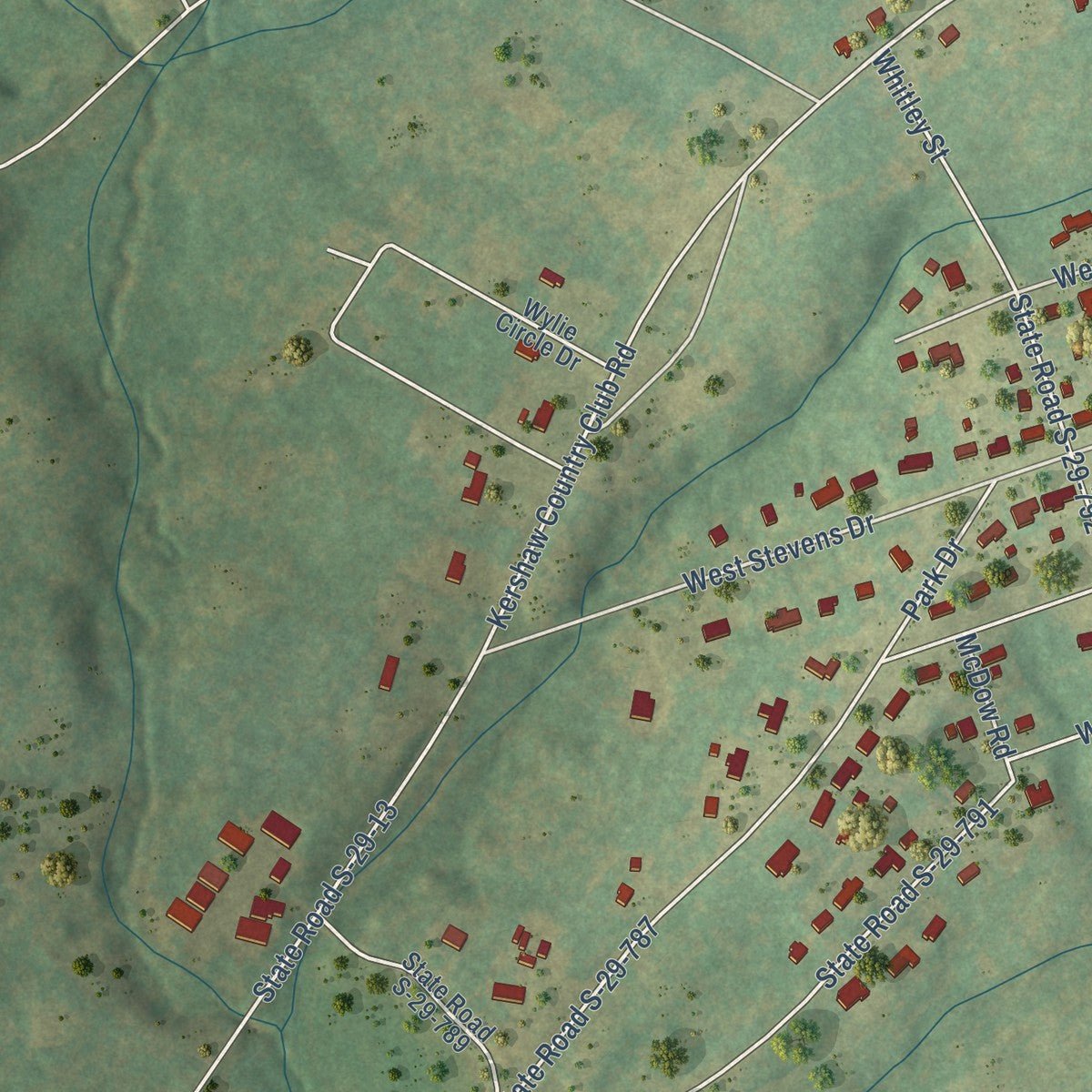 Second close-up of the map of Kershaw, South Carolina print showing more streets and buildings