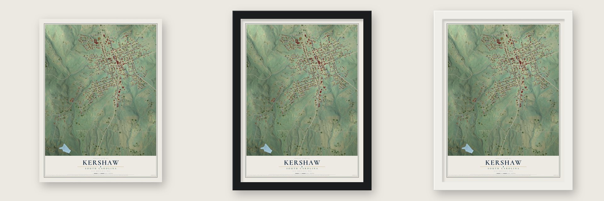 Kershaw, South Carolina map unframed, in a black wood frame and in a white wood frame