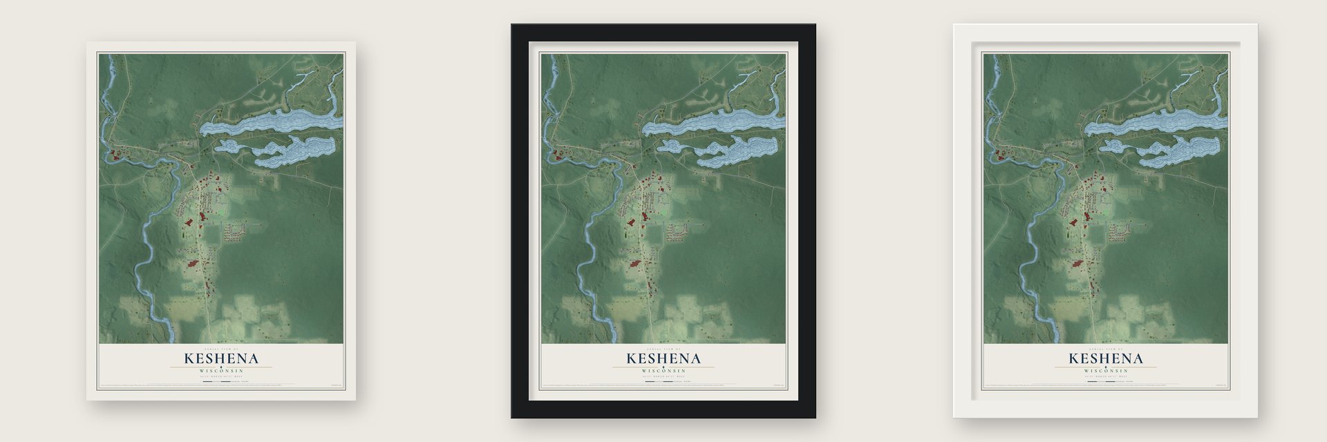 Keshena, Wisconsin map unframed, in a black wood frame and in a white wood frame