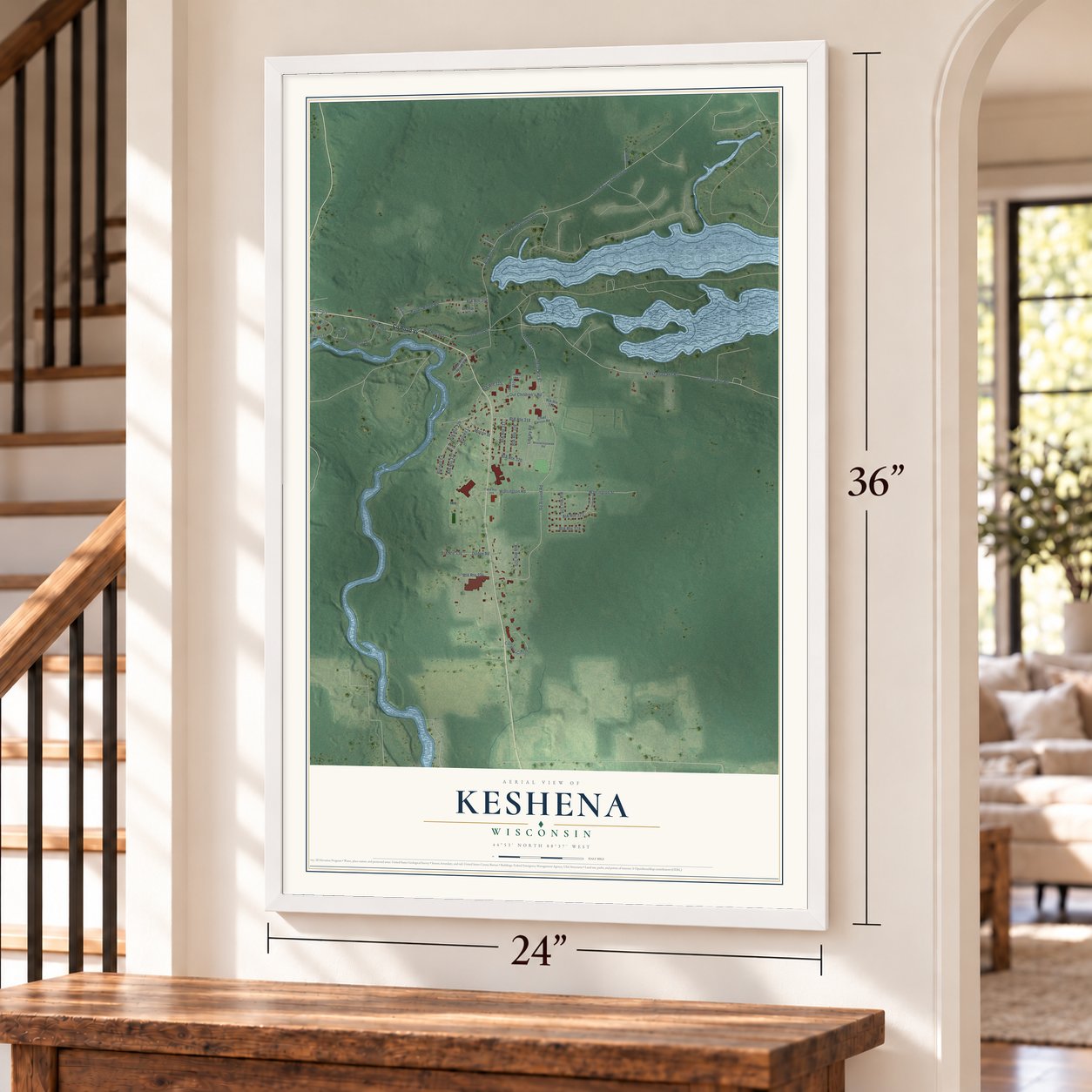 Keshena, Wisconsin map, 24 x 36 inch print in a white frame by a staircase