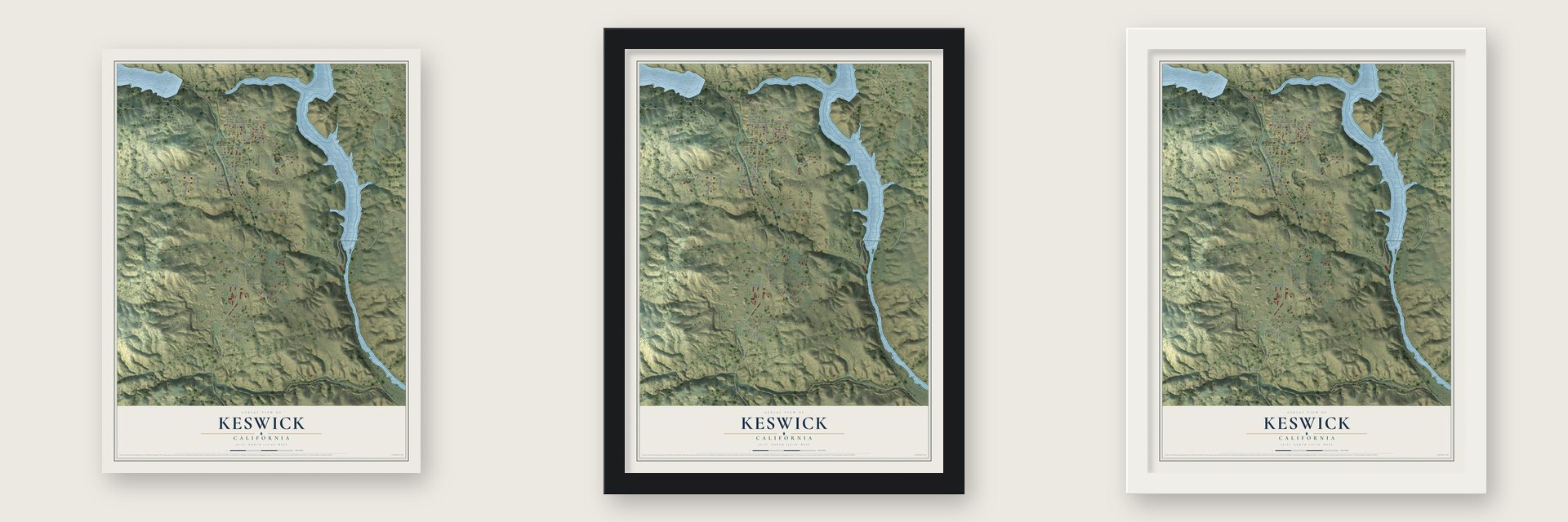 Keswick, California map unframed, in a black wood frame and in a white wood frame