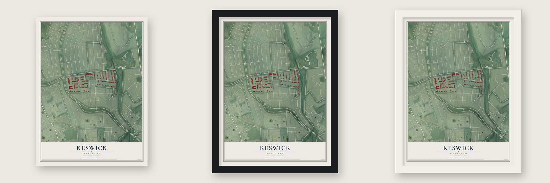 Keswick, Maryland map unframed, in a black wood frame and in a white wood frame