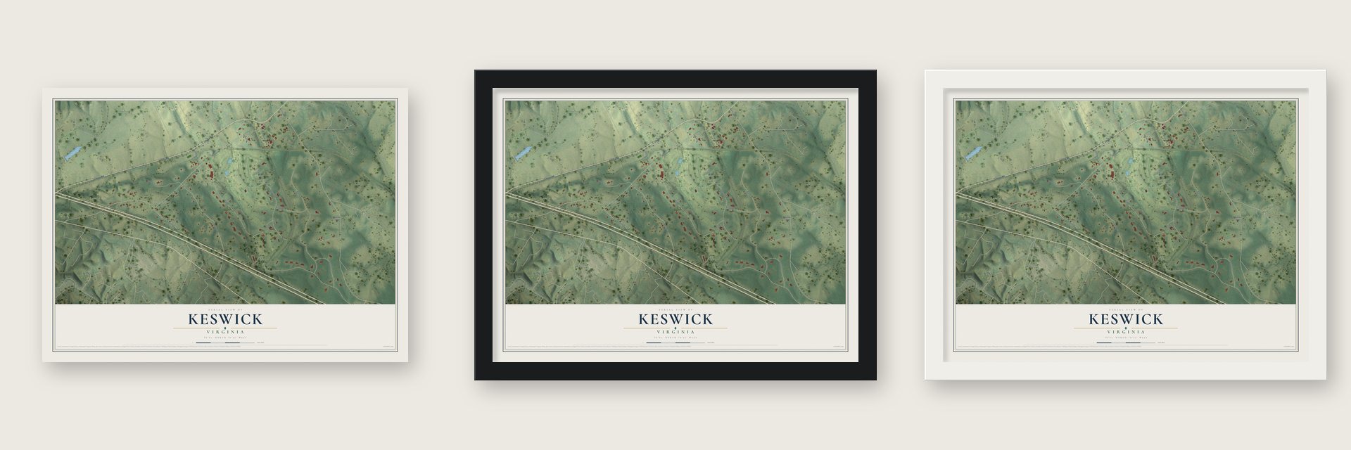 Keswick, Virginia map unframed, in a black wood frame and in a white wood frame