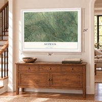 Keswick, Virginia map, 24 x 36 inch print in a white frame above a dresser by a staircase
