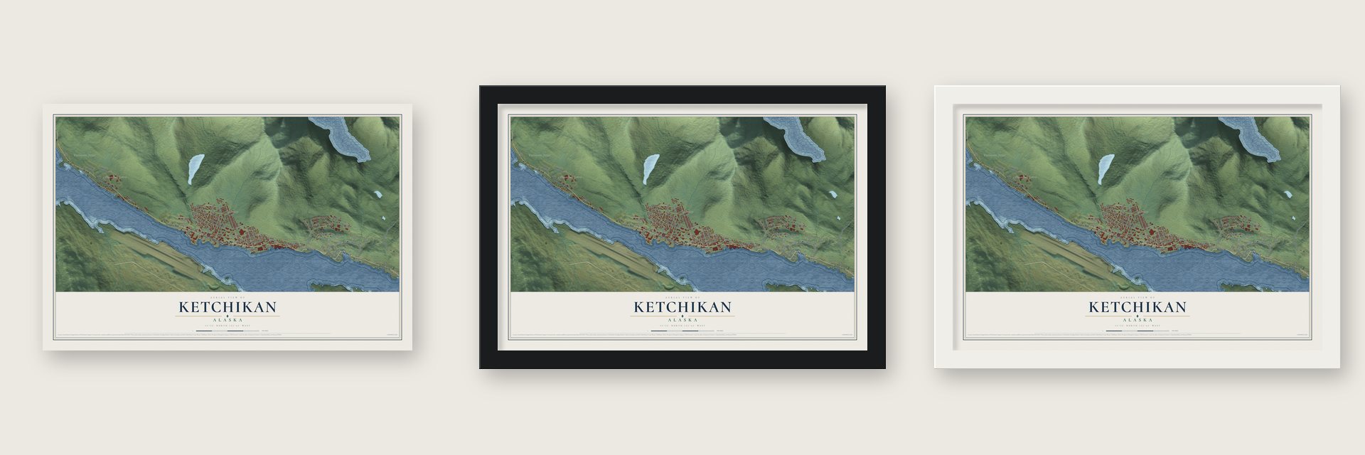 Ketchikan, Alaska map unframed, in a black wood frame and in a white wood frame