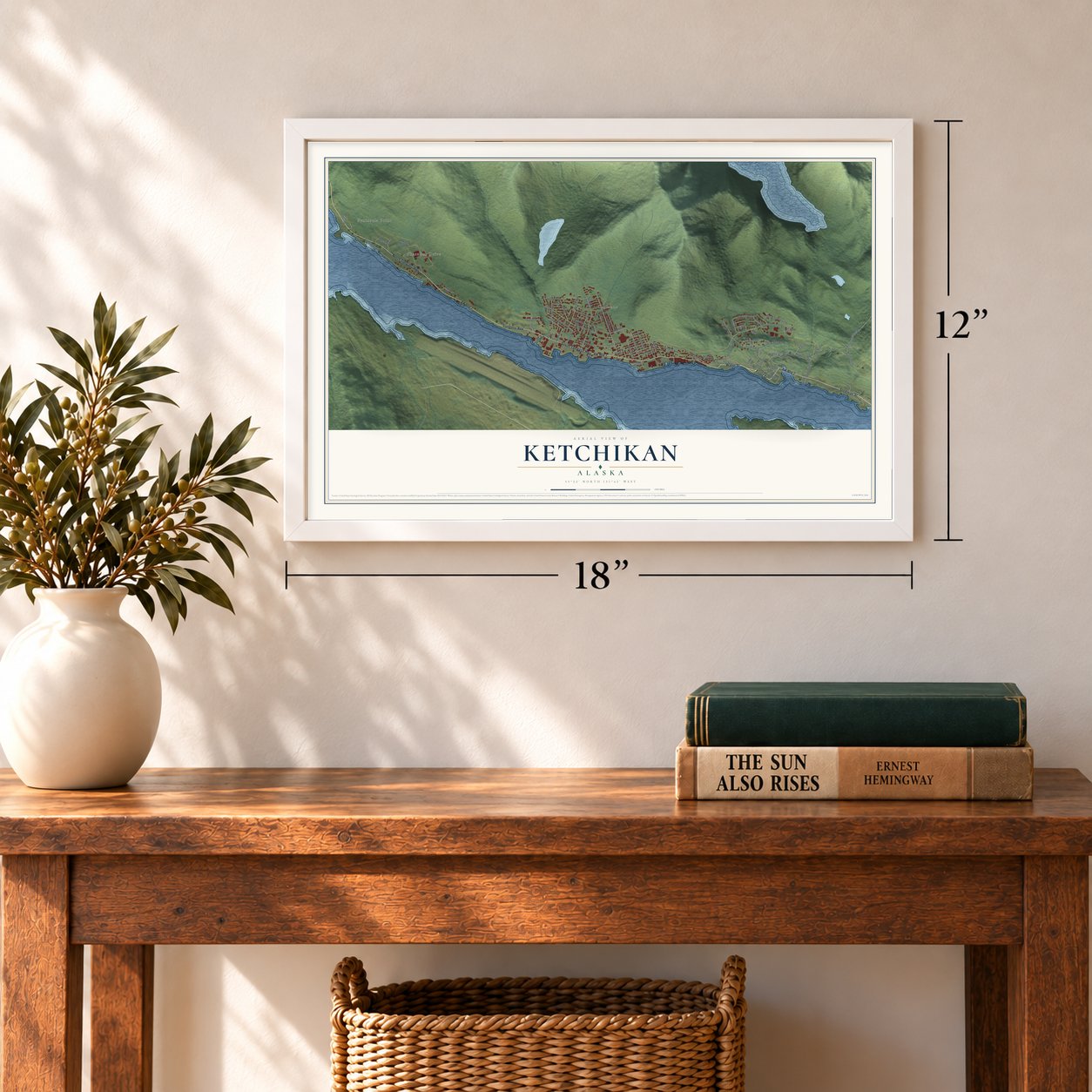 Ketchikan, Alaska map, 12 x 18 inch print in a white frame in an entryway