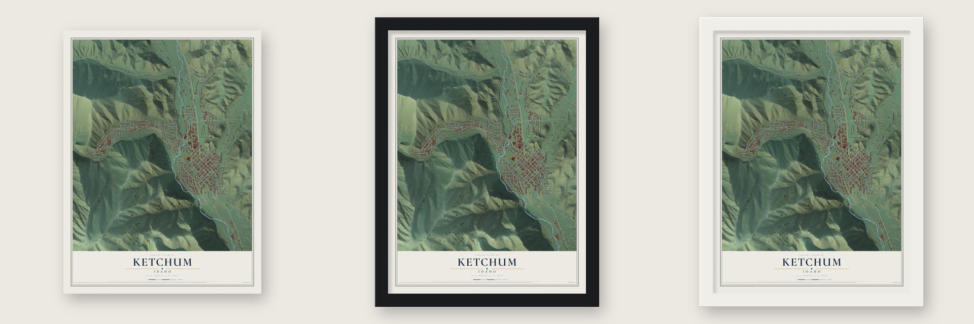 Ketchum, Idaho map unframed, in a black wood frame and in a white wood frame