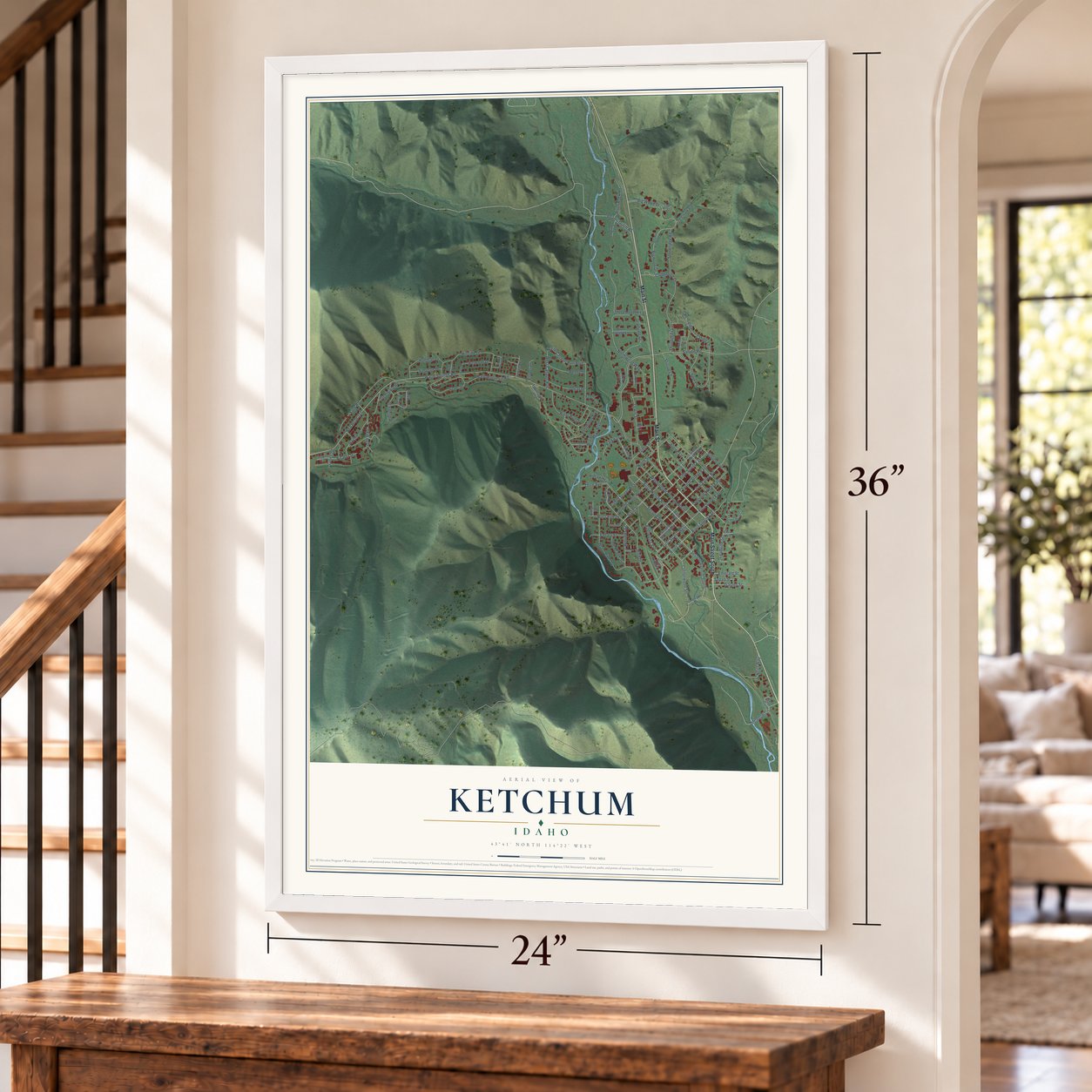 Ketchum, Idaho map, 24 x 36 inch print in a white frame by a staircase