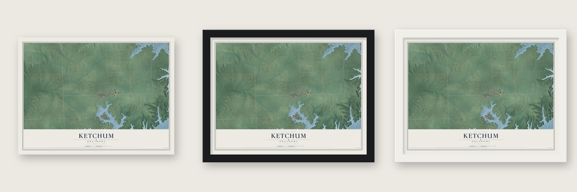 Ketchum, Oklahoma map unframed, in a black wood frame and in a white wood frame
