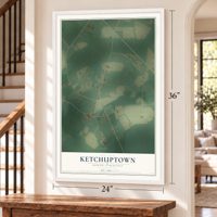 Ketchuptown, South Carolina map, 24 x 36 inch print in a white frame by a staircase