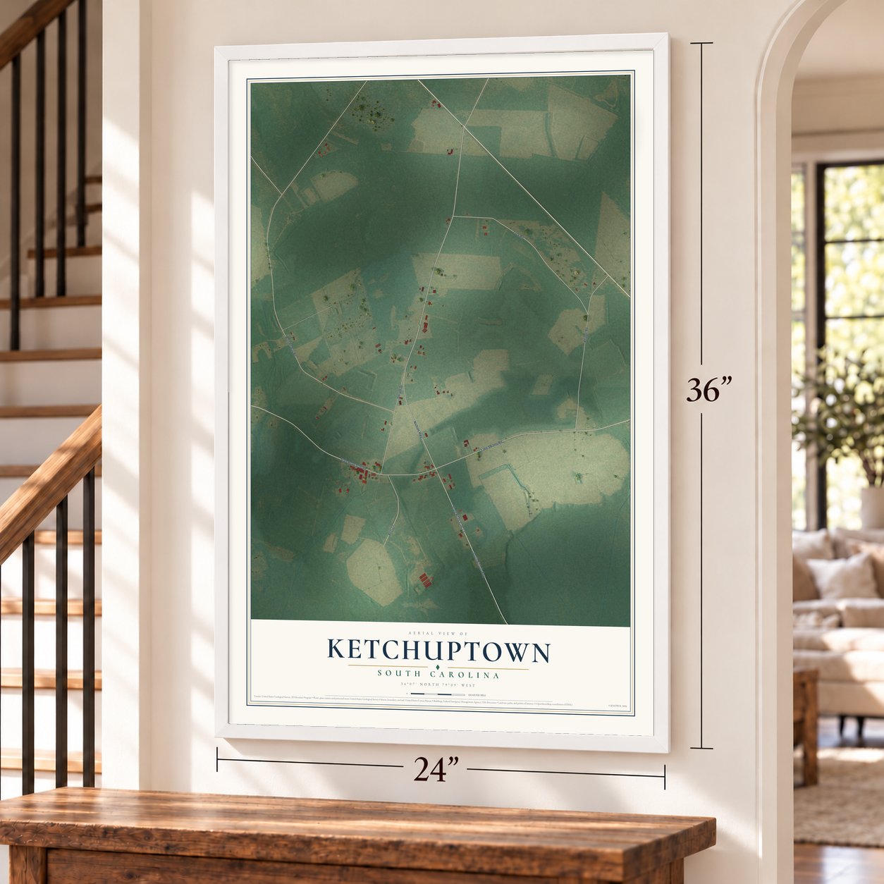 Ketchuptown, South Carolina map, 24 x 36 inch print in a white frame by a staircase