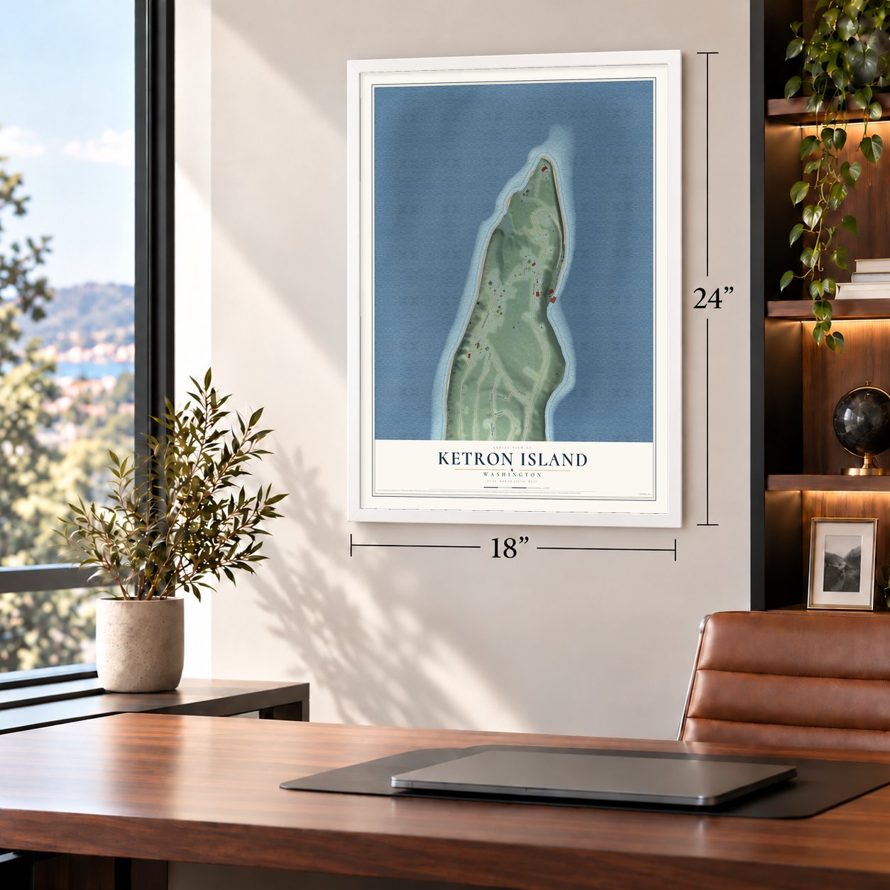 Ketron Island, Washington map, 18 x 24 inch print in a white frame in a home office