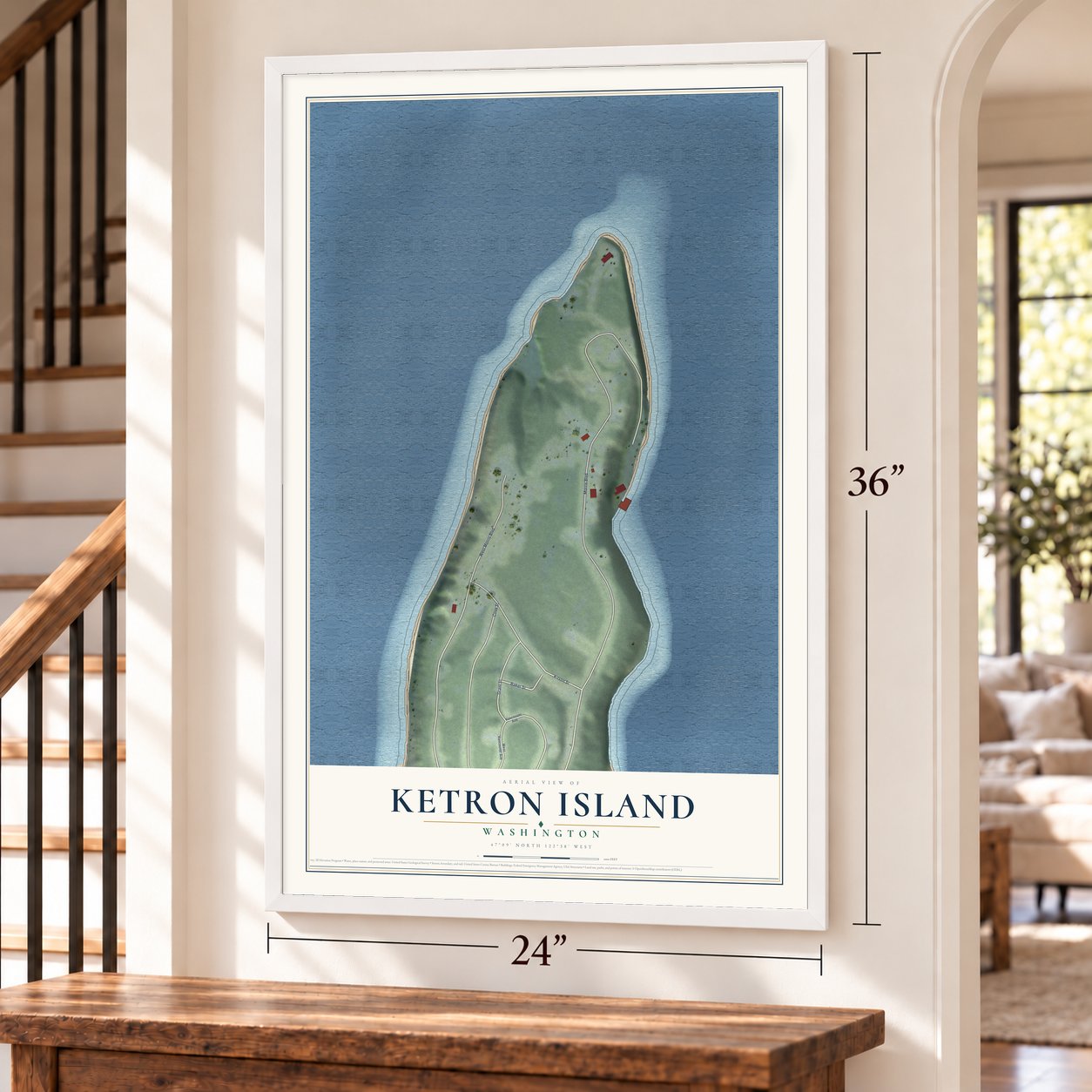 Ketron Island, Washington map, 24 x 36 inch print in a white frame by a staircase