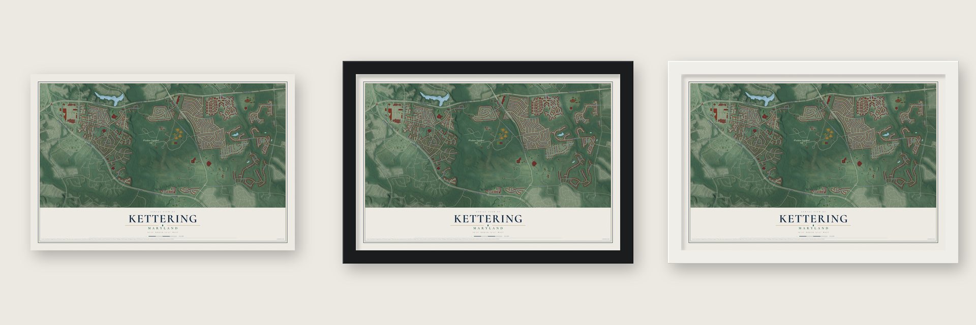 Kettering, Maryland map unframed, in a black wood frame and in a white wood frame