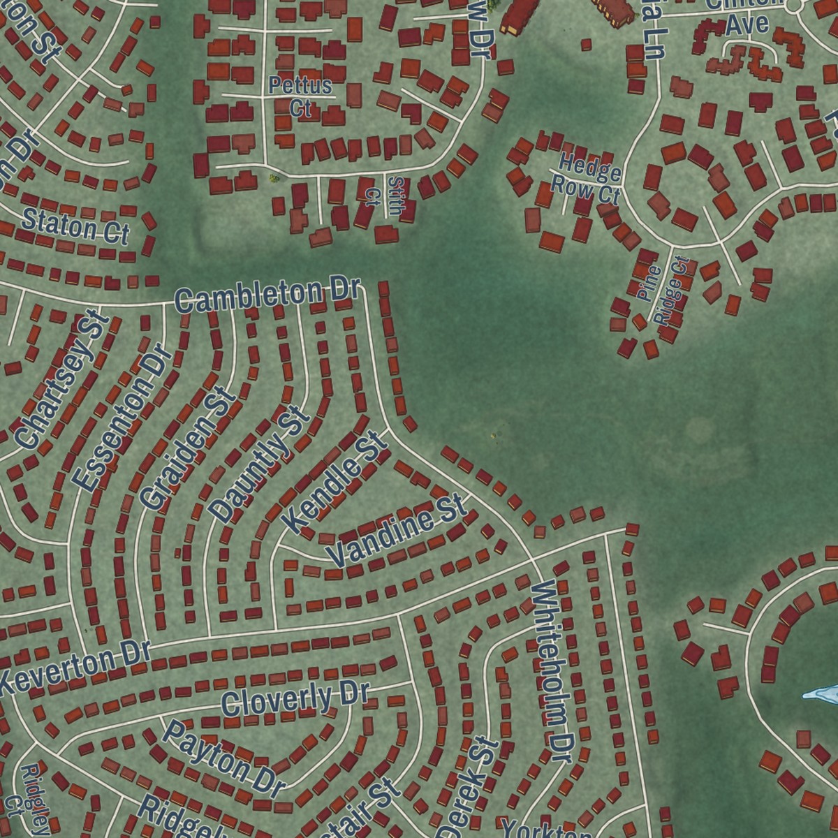 Second close-up of the map of Kettering, Maryland print showing more streets and buildings