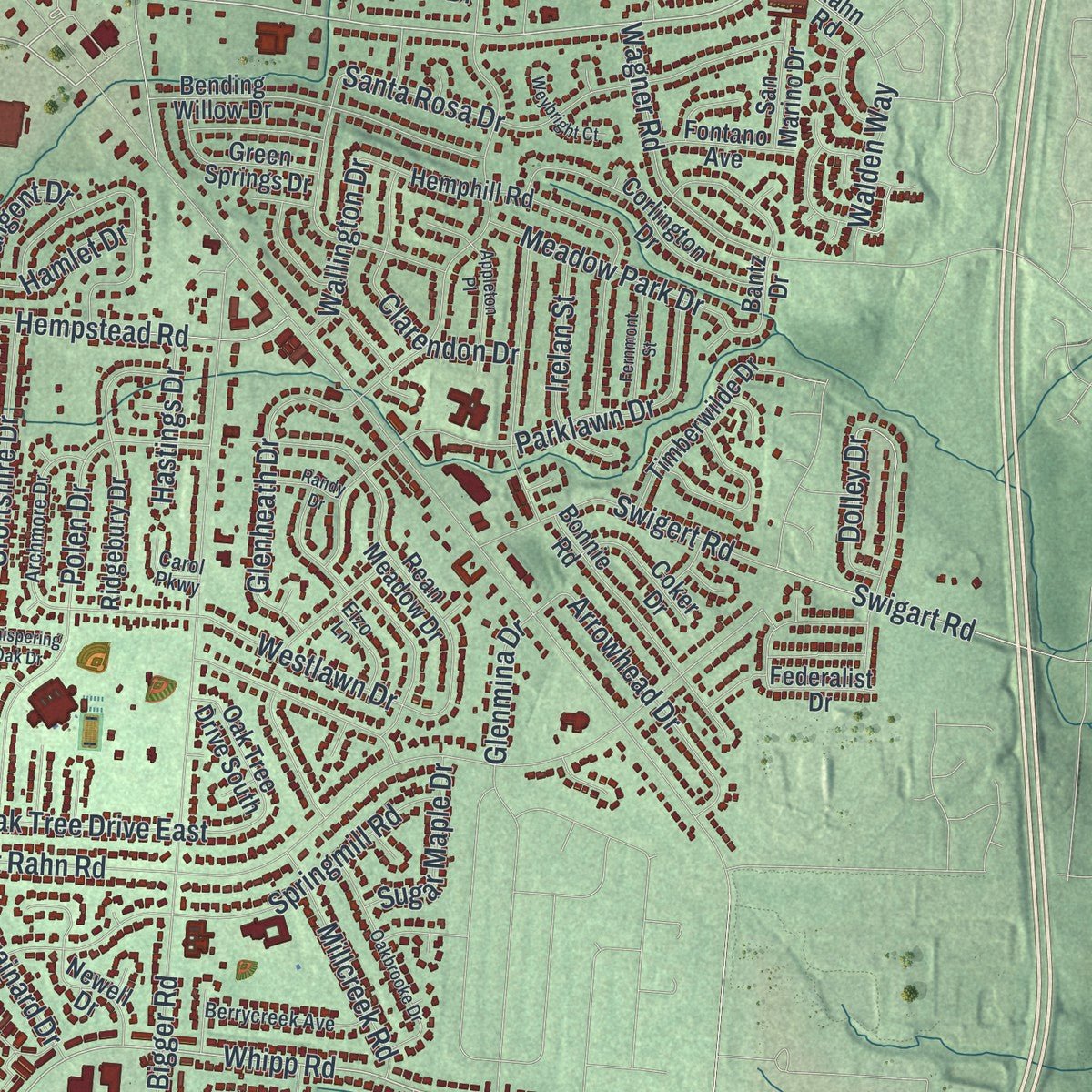 Second close-up of the map of Kettering, Ohio print showing more streets and buildings