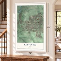 Kettering, Ohio map, 24 x 36 inch print in a white frame by a staircase