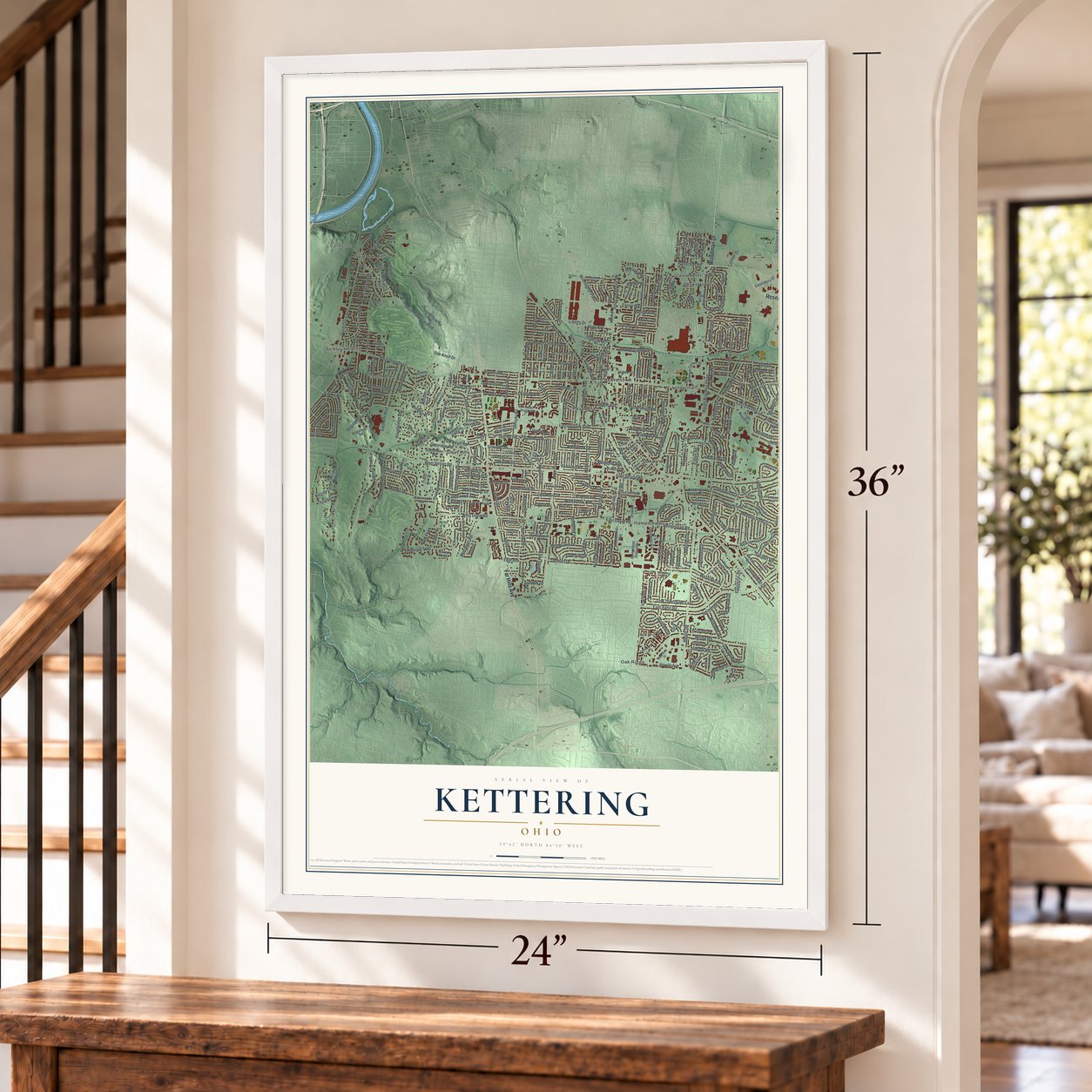 Kettering, Ohio map, 24 x 36 inch print in a white frame by a staircase