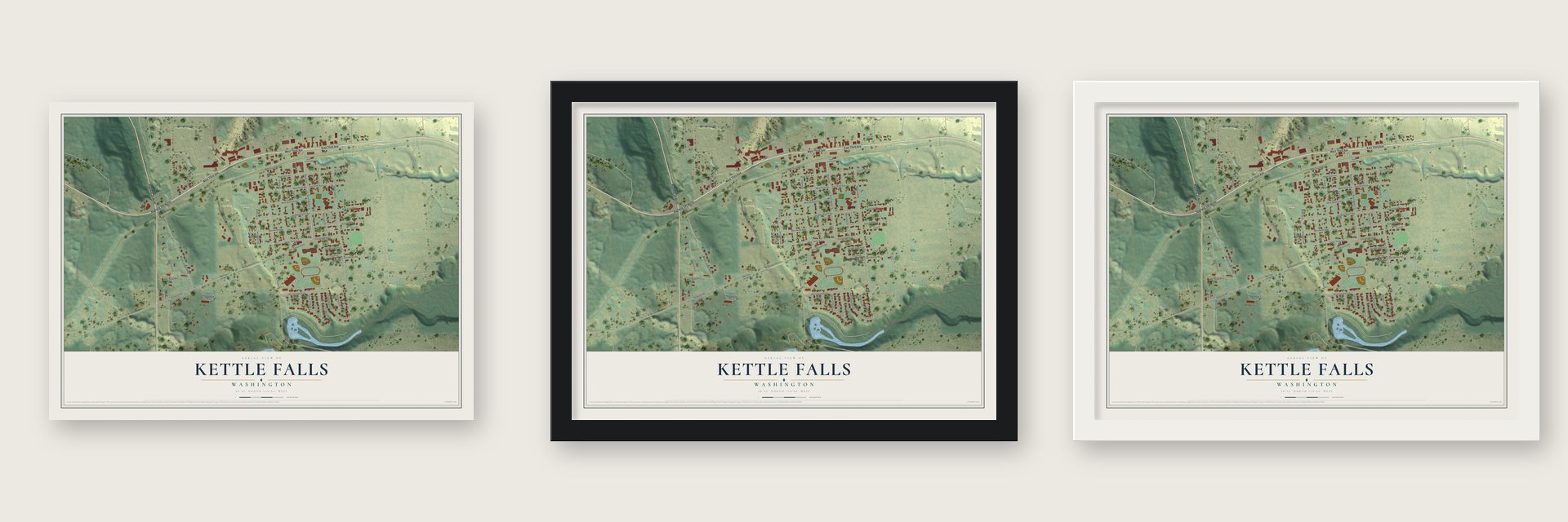 Kettle Falls, Washington map unframed, in a black wood frame and in a white wood frame