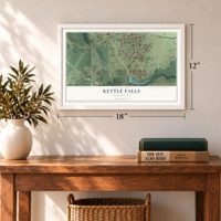 Kettle Falls, Washington map, 12 x 18 inch print in a white frame in an entryway