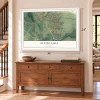 Kettle Falls, Washington map, 24 x 36 inch print in a white frame above a dresser by a staircase
