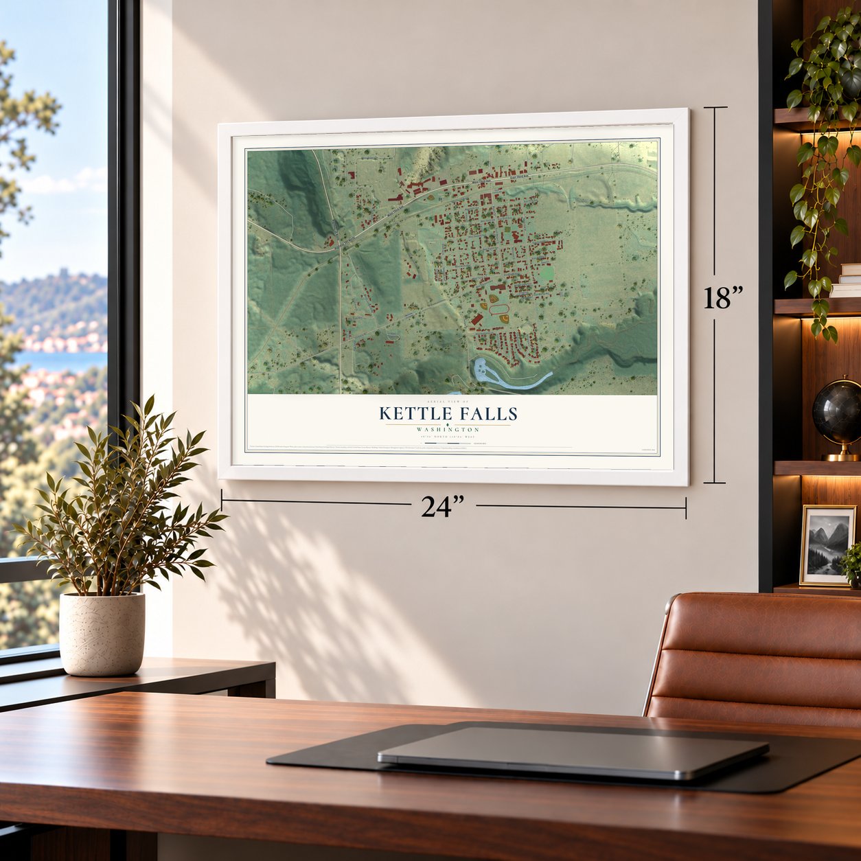 Kettle Falls, Washington map, 18 x 24 inch print in a white frame in a home office