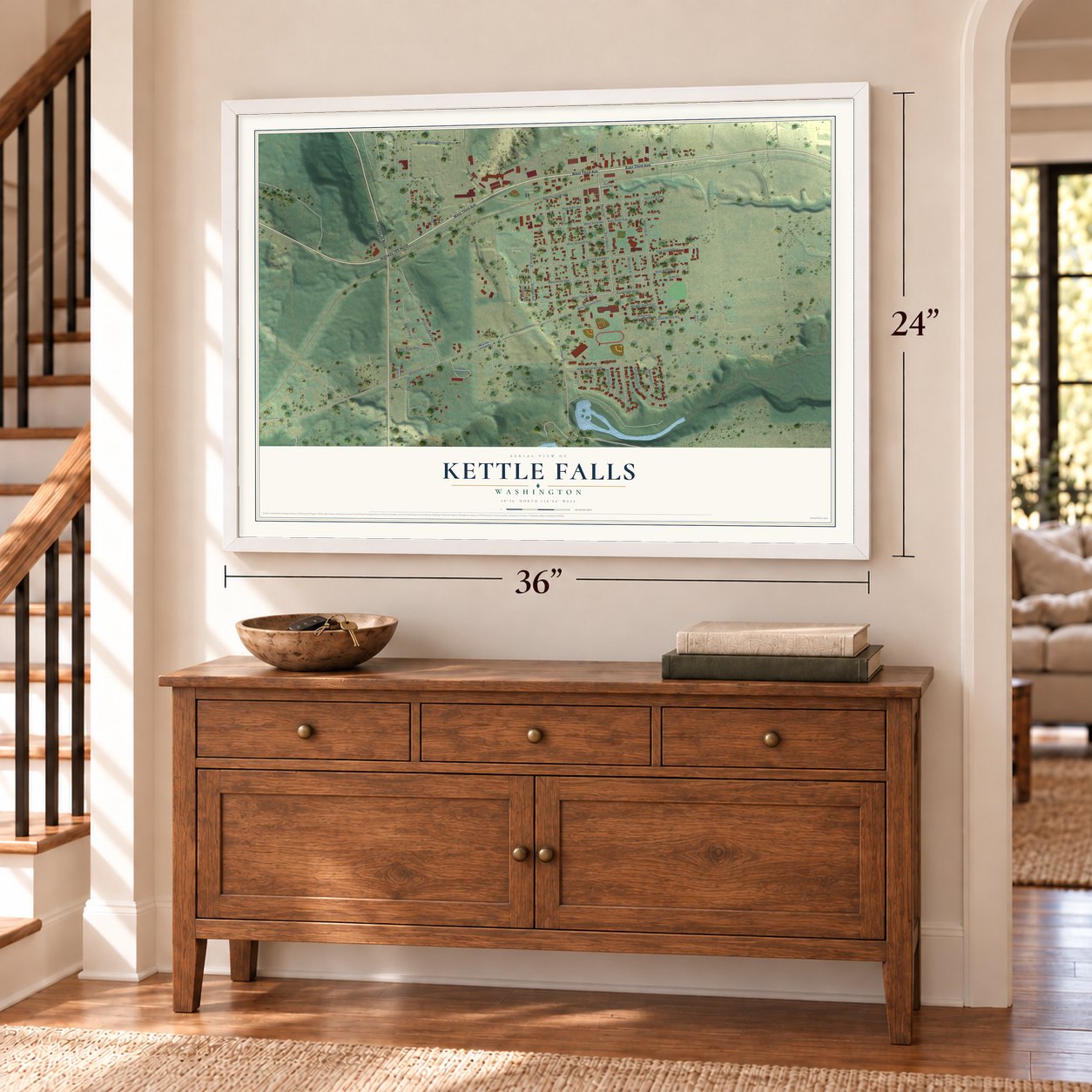 Kettle Falls, Washington map, 24 x 36 inch print in a white frame above a dresser by a staircase