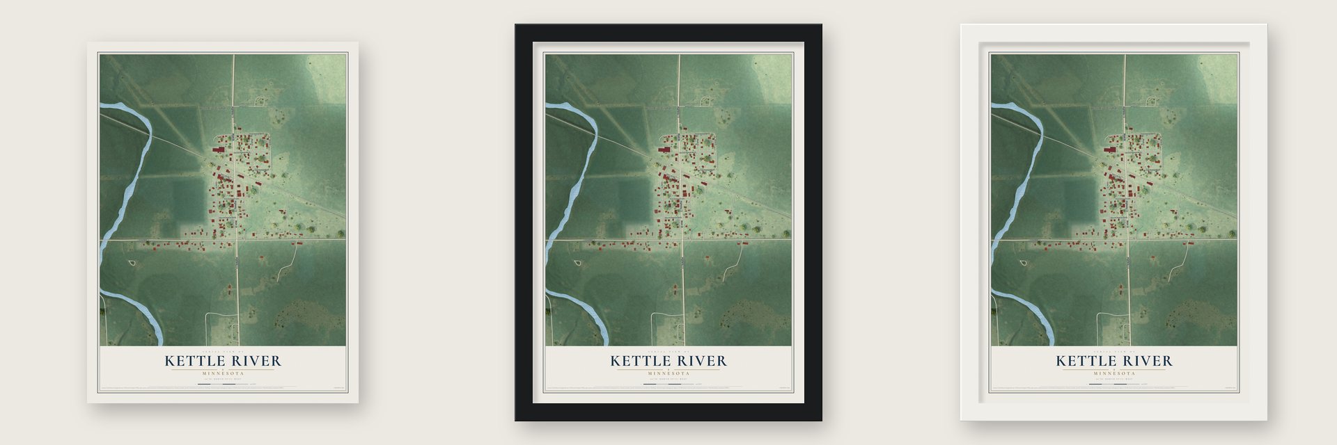 Kettle River, Minnesota map unframed, in a black wood frame and in a white wood frame