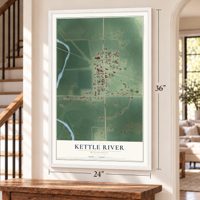 Kettle River, Minnesota map, 24 x 36 inch print in a white frame by a staircase