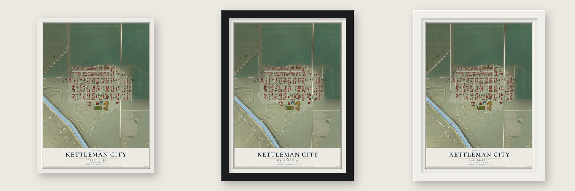 Kettleman City, California map unframed, in a black wood frame and in a white wood frame