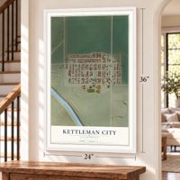 Kettleman City, California map, 24 x 36 inch print in a white frame by a staircase