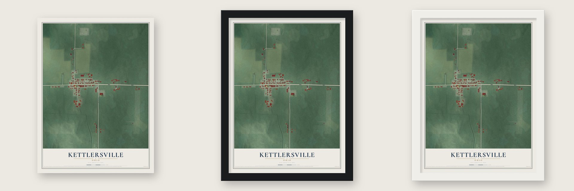 Kettlersville, Ohio map unframed, in a black wood frame and in a white wood frame