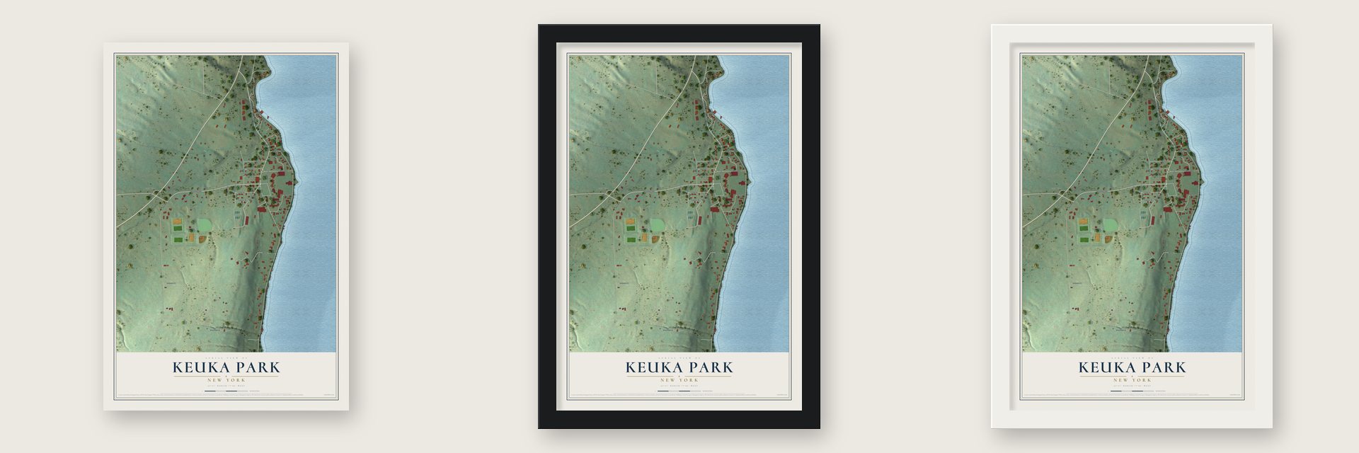 Keuka Park, New York map unframed, in a black wood frame and in a white wood frame