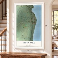 Keuka Park, New York map, 24 x 36 inch print in a white frame by a staircase