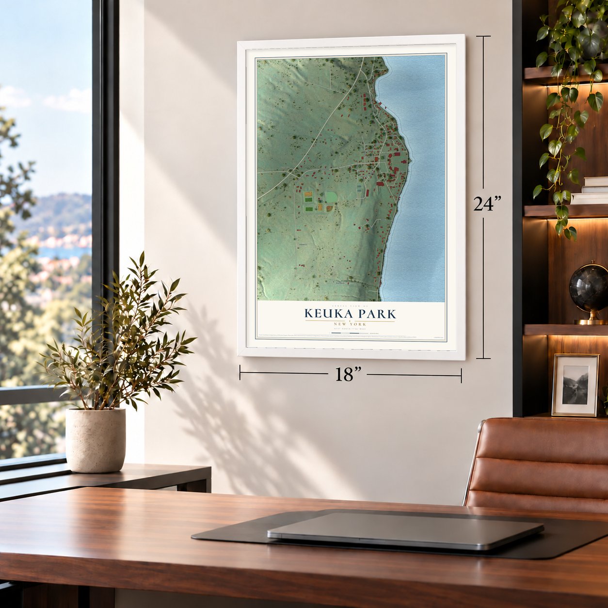 Keuka Park, New York map, 18 x 24 inch print in a white frame in a home office