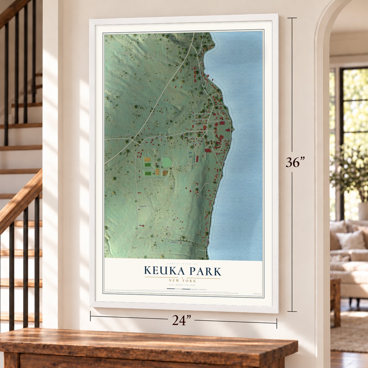 Keuka Park, New York map, 24 x 36 inch print in a white frame by a staircase