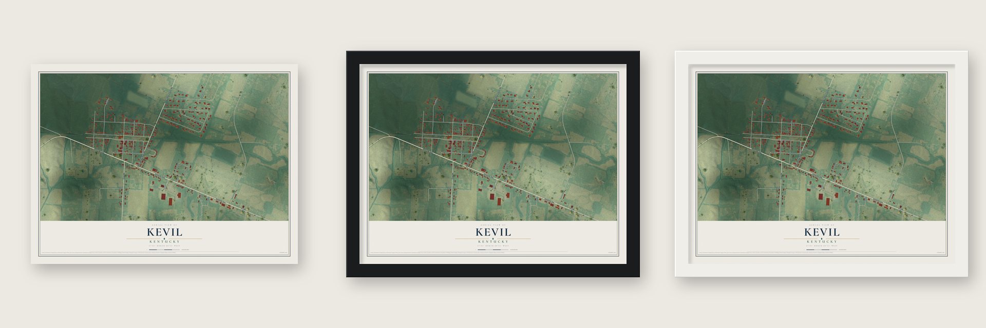 Kevil, Kentucky map unframed, in a black wood frame and in a white wood frame