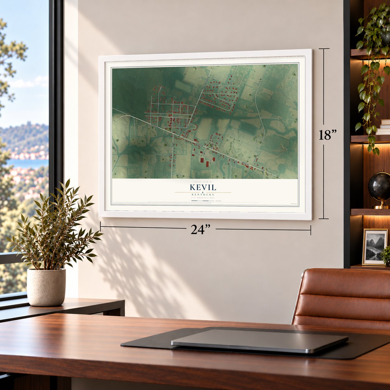 Kevil, Kentucky map, 18 x 24 inch print in a white frame in a home office