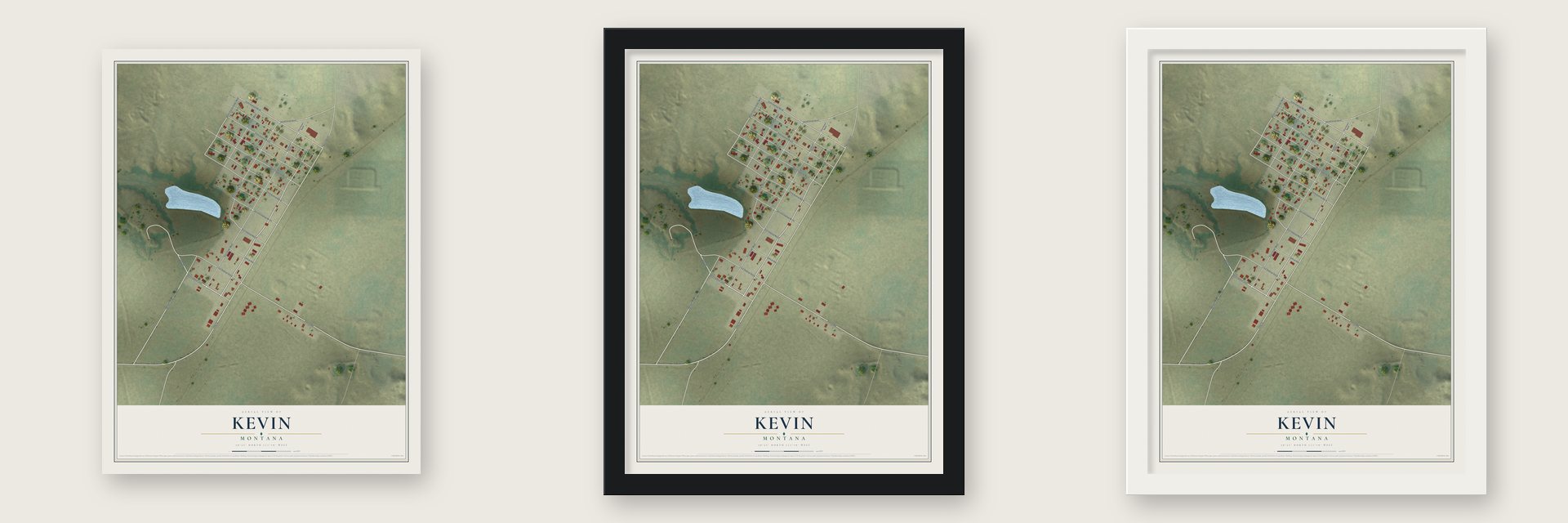 Kevin, Montana map unframed, in a black wood frame and in a white wood frame