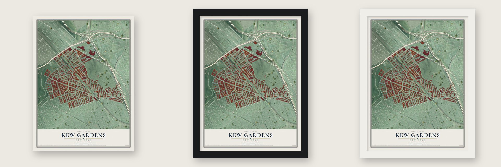 Kew Gardens, New York map unframed, in a black wood frame and in a white wood frame