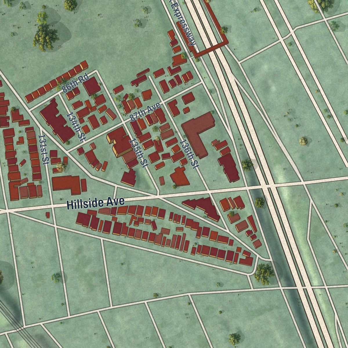 Second close-up of the map of Kew Gardens, New York print showing more streets and buildings