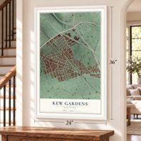 Kew Gardens, New York map, 24 x 36 inch print in a white frame by a staircase