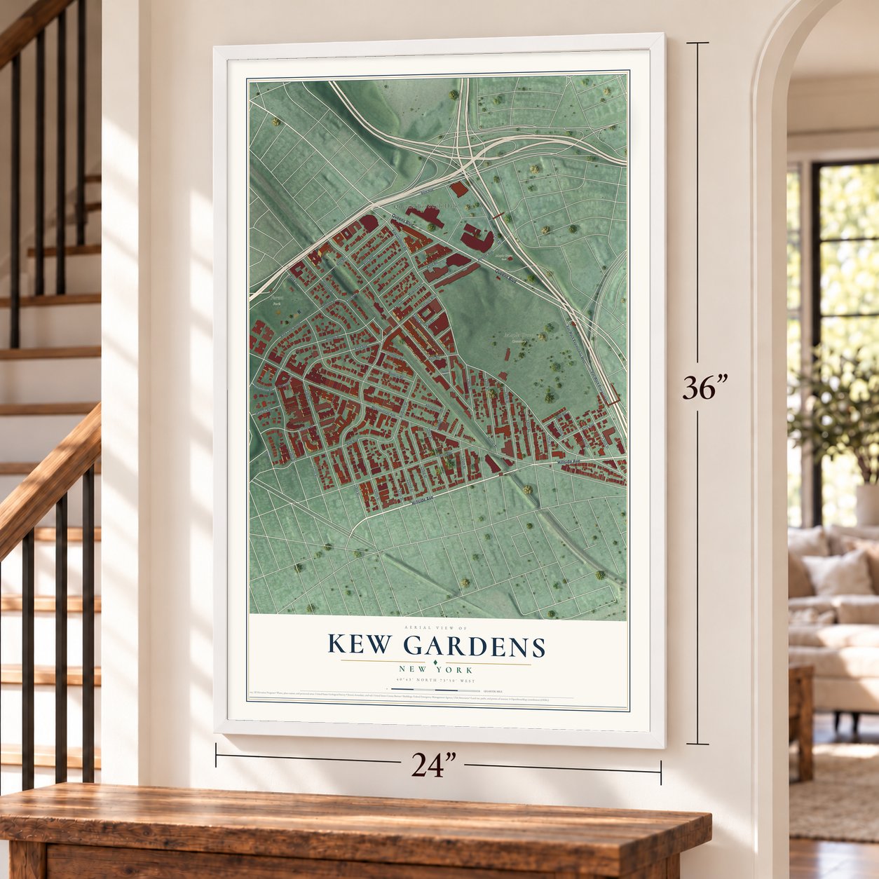 Kew Gardens, New York map, 24 x 36 inch print in a white frame by a staircase