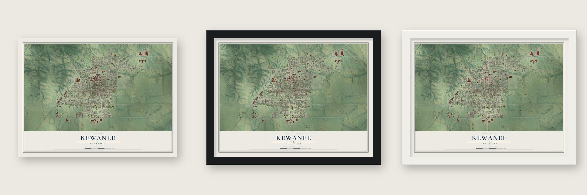 Kewanee, Illinois map unframed, in a black wood frame and in a white wood frame